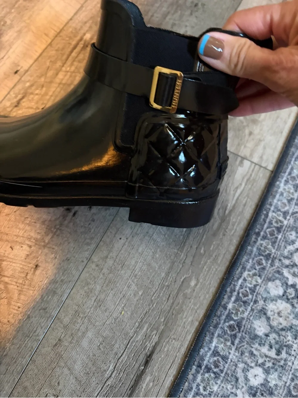 Hunter Black Quilted Gloss Ankle Rain Boots with Buckle